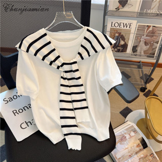 Chunjiamian Áo sơ mi dệt kim ngắn tay Xiang Nian Ni có khăn choàng sang trọng phong cách Hàn Quốc Áo sơ mi hai mảnh giả