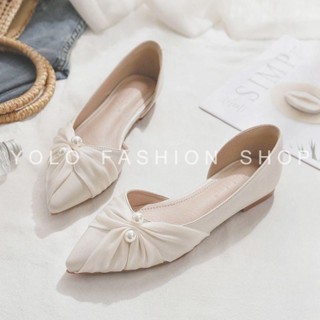 Giày bệt nữ 💖 FREESHIP 💖 Giày búp bê dây chéo ngọc trai - Giày hở eo đế bằng phối lụa đính ngọc xinh xắn - B47