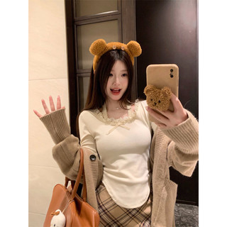 Áo coquette tay dài Áo ôm body Áo thun ren cổ dây dài tay nữ đáy áo sơ mi bên trong