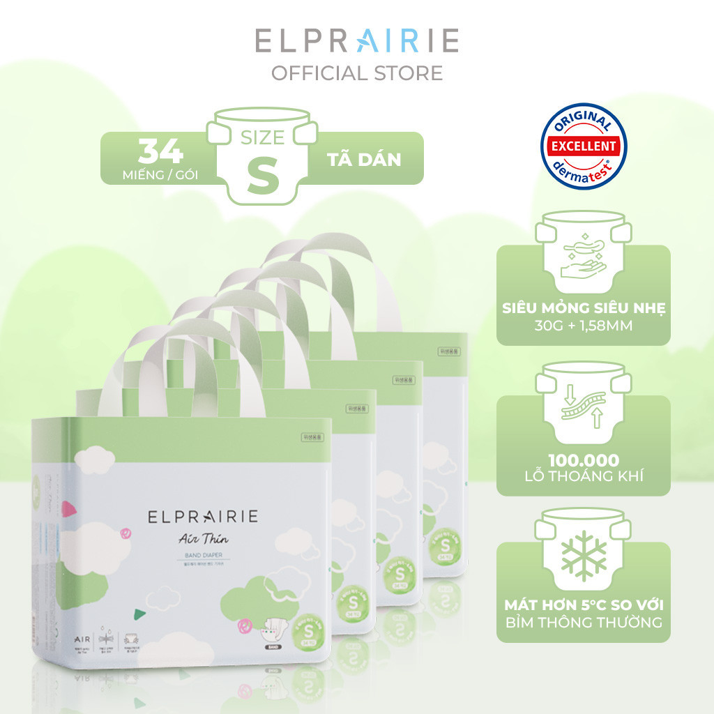 Combo 4 Tã/Bỉm Dán ELPRAIRIE Air Thin Size S 34 Miếng Cho Trẻ Sơ Sinh, Thấm Hút Nhanh Chóng, Chống Tràn, Chống Hăm Bí