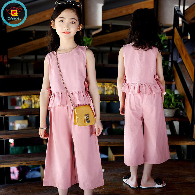 Bộ đồ mùa hè bé gái áo không tay Bộ quần rộng rãi cho trẻ em hai mảnh
