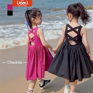 10-30kg Váy hở lưng chéo dây đen hồng cho bé gái, váy mùa hè cho bé gái