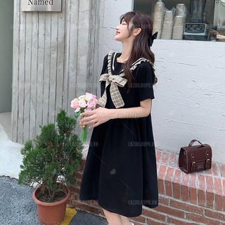 Váy đầm nữ Bigsize Đầm babydoll dáng suông tay ngắn cổ bèo Phối Nơ đen mùa hè Phong cách Hàn Quốc Thời Trang đẹp