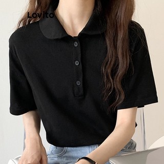 Áo thun Lovito cài nút trước màu trơn thường ngày cho nữ LNE17020 (Màu đen)