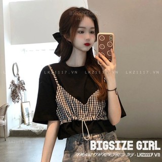 Áo thun Bigsize Áo nữ form rộng Giả Hai tay ngắn cổ tròn mùa hè Phong cách Hàn Quốc Thời Trang đẹp