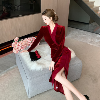 Fushuiyu Váy dài tay khí chất nhung, gợi cảm, thời trang, giảm béo, thanh lịch, tinh tế và xã hội