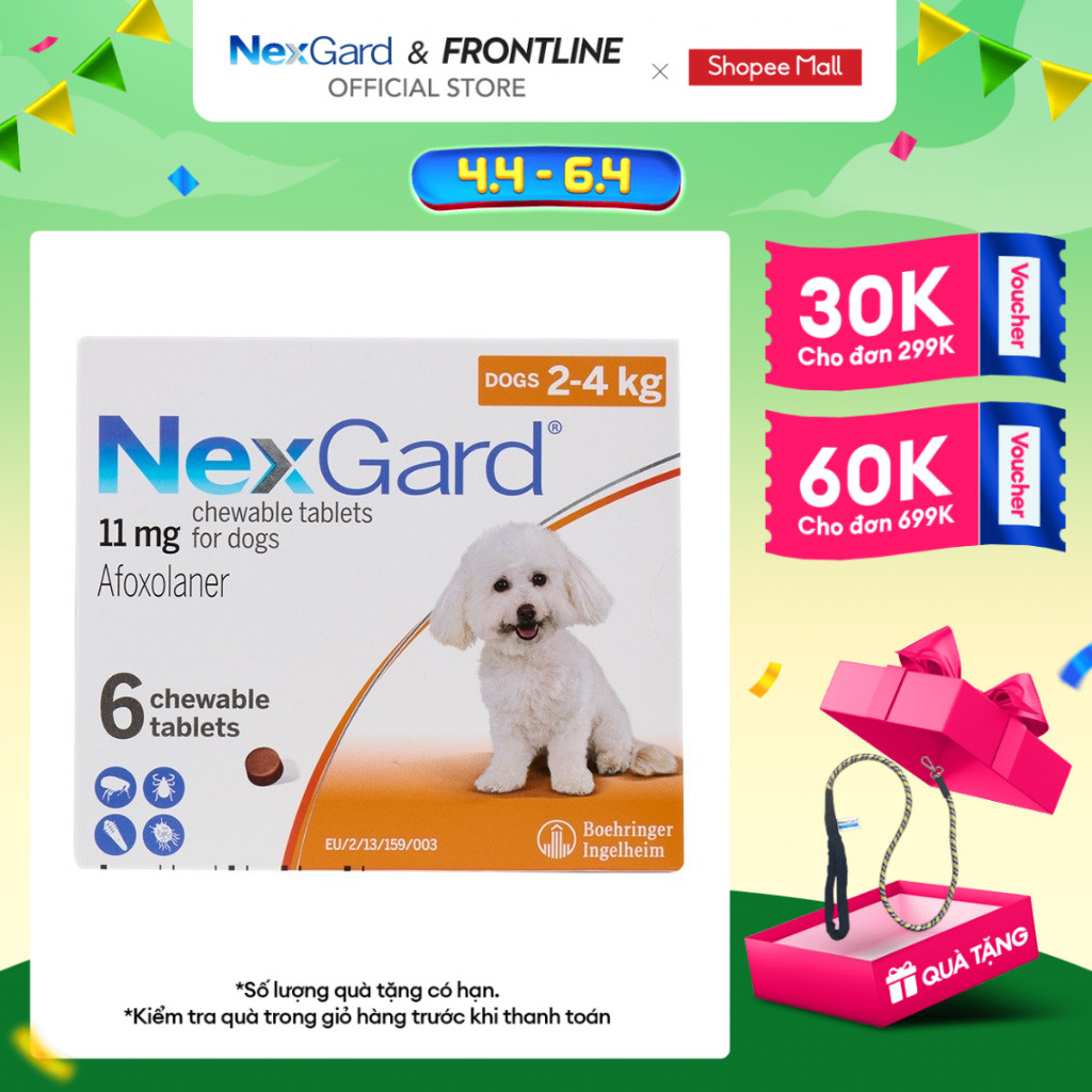 NexGard - Viên nhai phòng & trị ve, rận, bọ chét, ghẻ demodex, sarcoptes dành cho chó size S (2-4kg) - 1 hộp 6 viên