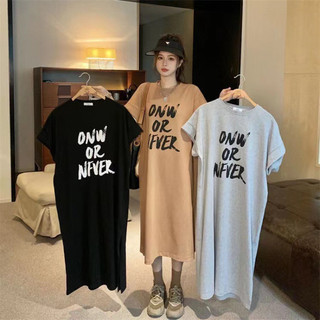 Váy thun thông thường in chữ hình dáng rộng và thẳng, có 3 màu, dễ mặc mỗi ngày