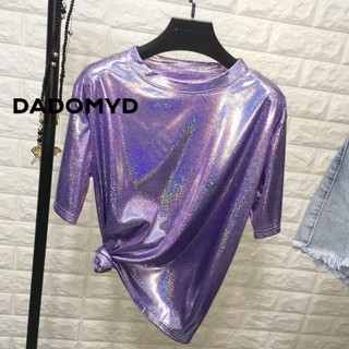DADOMYD thun, Áo thun nữ sáng bóng bằng lụa sáng bóng, Áo thun ngắn tay Harajuku thẩm mỹ dành cho nữ