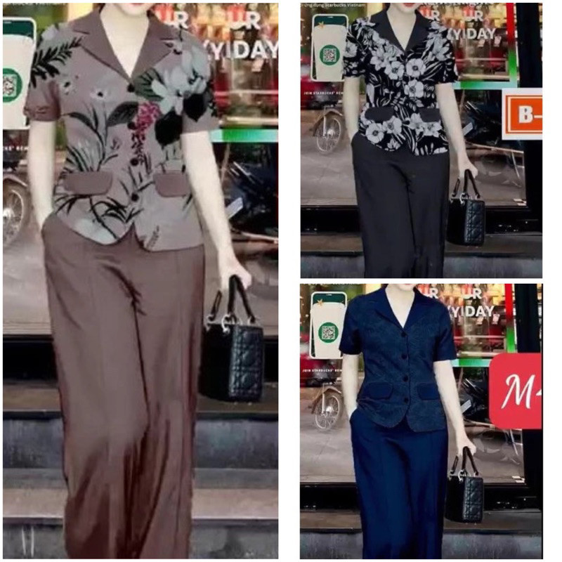 Set Bộ Trung Niên, Đồ Bộ Nữ, Áo Cổ Vest, Quần Dài, Mã MI56 _ Vasing