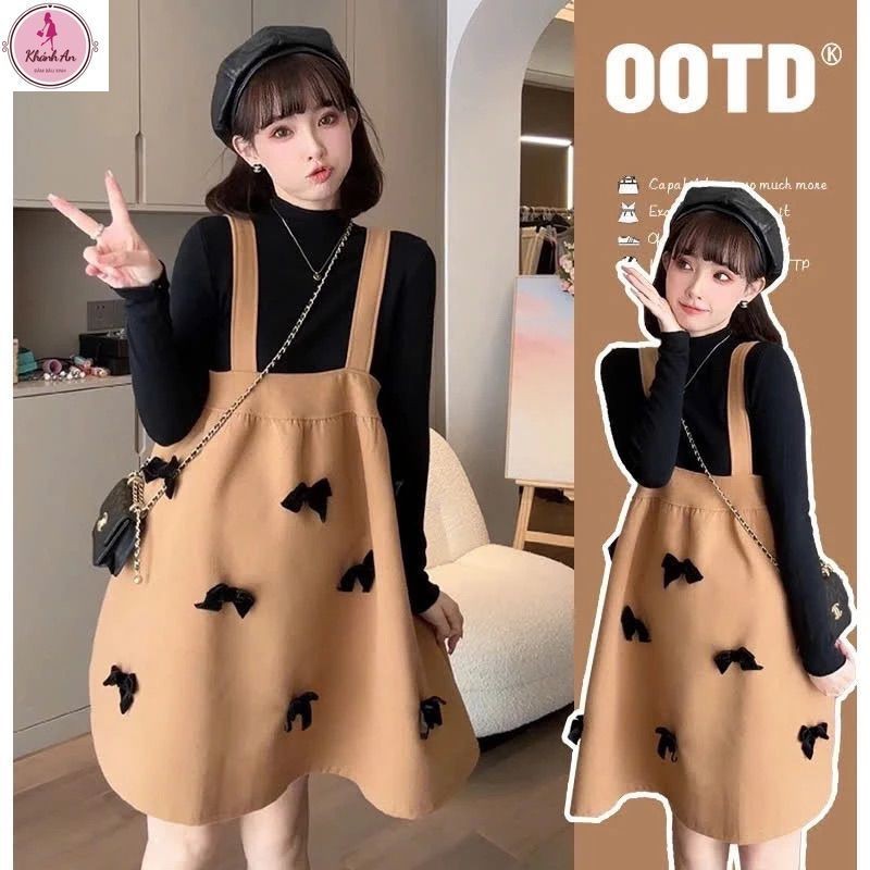  Set yếm bầu Y527 form suôn A gọn bầu nhiều nơ phong cách trẻ trung chất dày dặn ấm áp mùa Đông ĐẦM BẦU KHÁNH AN 