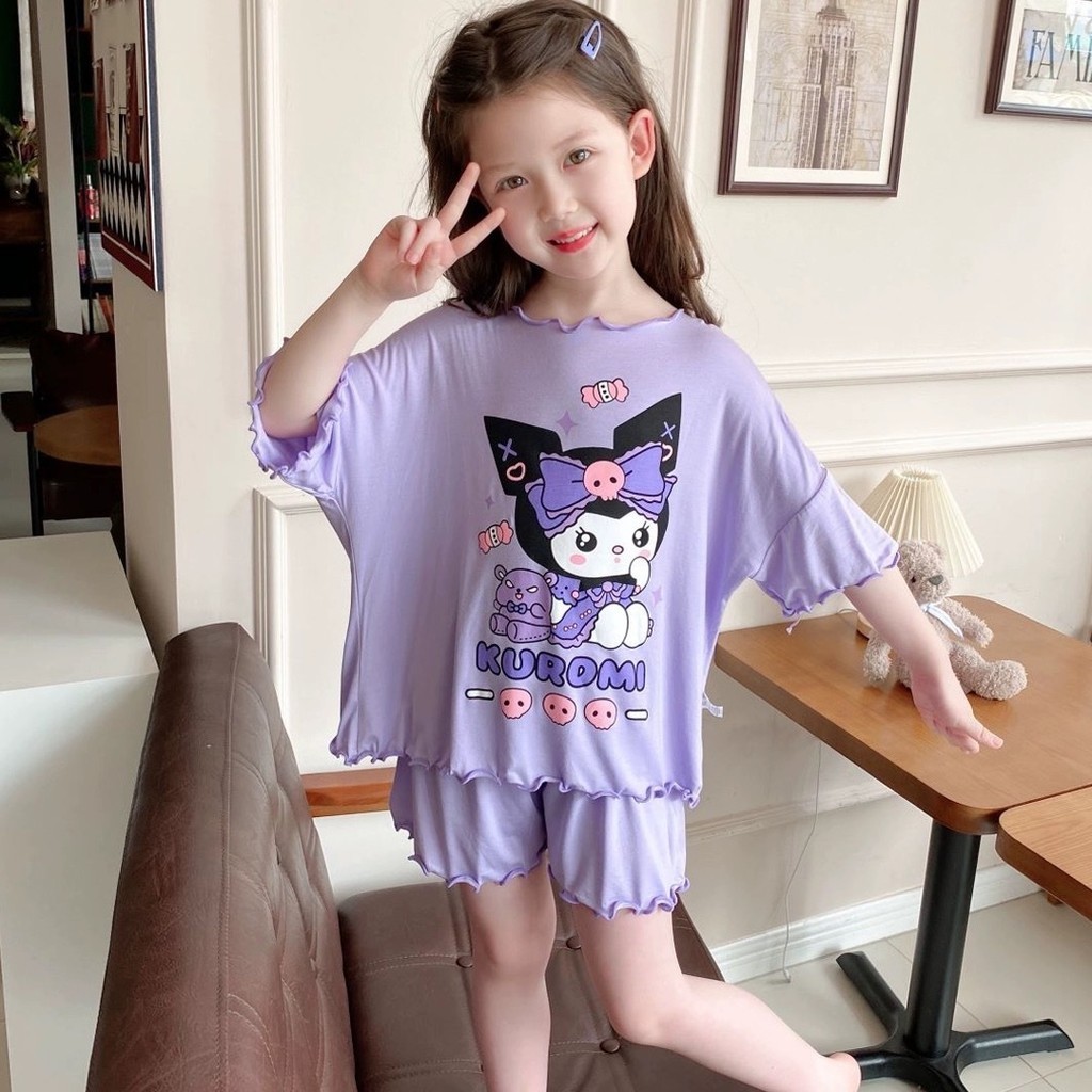 đồ ngủ cho bé gái Bộ Đồ Ngủ Bé Gái Mùa Hè Mỏng In Hình Hoạt Hình Nhà Quần Áo Tay Ngắn + Quần Short Phù Hợp Với