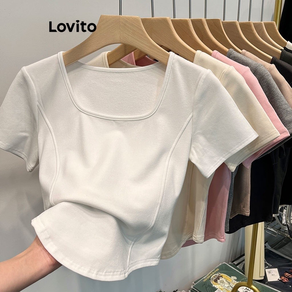 Lovito Áo thun trơn có họa tiết thông thường dành cho nữ LNE31215 (Mơ/Trắng/Đen)
