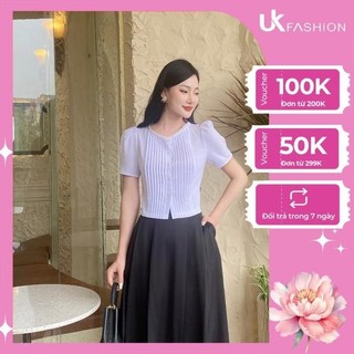 Áo sơ mi Croptop bầu mí kẻ ren cổ đóa Uk Fashion, thời trang công sở cao cấp, chất liệu lụa, không nhăn UKSM2401005