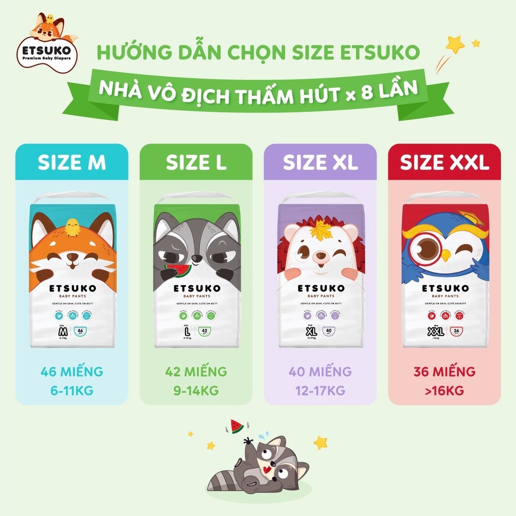 Tã/Bỉm Quần ETSUKO Size L 42 Miếng Đai Chun Mềm Mại, Thấm Hút Hiệu Qủa, Chống Tràn Cho Bé Thoải Mái Vận Động