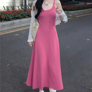 MOLASOME Đầm Nữ Thời Trang Mới Màu Trơn Không Tay Cổ Chữ U Đan Slim Fit