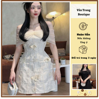 T33 Đầm gấm trễ vai đính hồ điệp váy thiết kế trễ vai dáng chữ A sang trọng dự tiệc