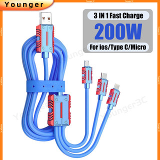 Cáp dữ liệu sạc siêu nhanh 200W Dây sạc silicon lỏng 3 trong 1 6A USB Cáp dữ liệu cho ios Micro Type C