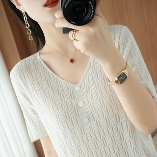 Áo thun ngắn tay lụa băng mỏng dành cho nữ Mùa hè Áo thun đáy cổ chữ V mới Nút giảm béo đa năng Áo thun ngắn tay đa năng XUCJ