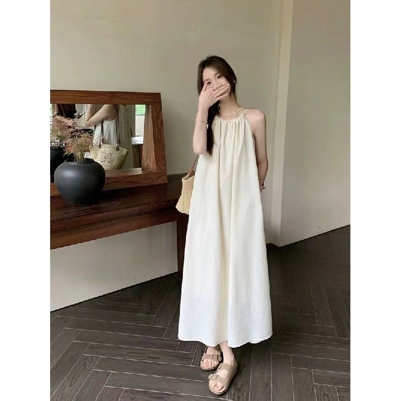 Váy 2 dây trễ vai đi biển Đầm hai dây dài bigsize nữ Trắng Đầm Sling Mùa Hè Rời Dài | BigBuy360 - bigbuy360.vn