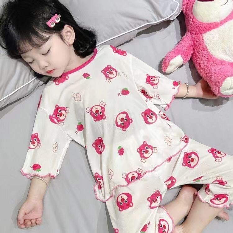 Băng Lụa Cotton Trẻ Em Trẻ Em Bé Trai Bé Gái Bộ Đồ Ngủ Mùa Hè Mỏng Bộ Phong Cách Hàn Quốc Bé Gái Mùa Hè Nhà Quần Áo Trẻ Em Điều Hòa Không Khí Quần Áo