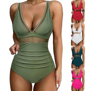 Ayyufe Bộ Bikini Nữ Màu Trơn Xếp Ly Sâu Cổ Chữ V Nhìn Xuyên Qua Lưới Chắp Vá Co Giãn Cao Cấp Mềm Mại Nhanh Khô Đệm Bikini Bộ Đồ Đi Biển Nữ Bộ Đồ Tắm