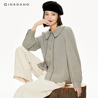 Áo sơ mi GIORDANO 18343215 dáng rộng kẻ sọc caro tay dài cổ búp bê cho nữ