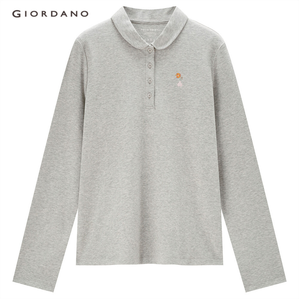 Áo thun polo GIORDANO 05313781 cotton tay dài thêu chữ thời trang dành cho nữ