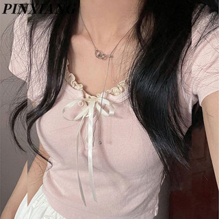 Pinxiang Nữ Phong Cách Mới Của Mỹ retro Vai Phải Cổ Chữ V Áo Thun Ngắn Tay Ôm Nóng Bé Gái Ngắn top