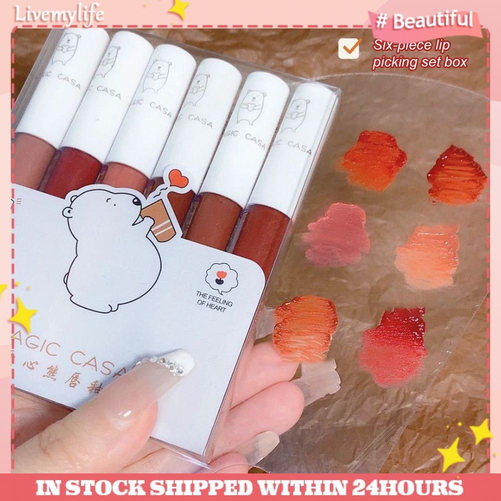 Magic CASA 6 Chiếc Lip Glaze Love Bear Matte Dưỡng Ẩm Làm Trắng Môi Bùn Chống Phai Màu Lâu Dài Son Môi Chống Thấm Nước