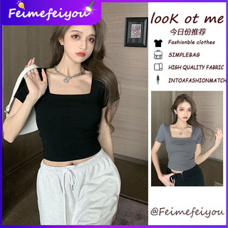 [Real Shot] Áo Crop Top ngắn tay cổ vuông Slim Fit mùa hè mới dành cho nữ