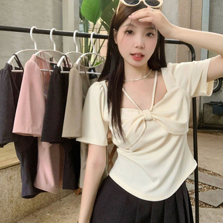 Áo thun nữ cổ vuông và tay ngắn, áo thun thắt nơ thời trang