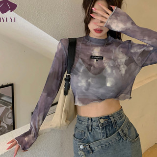 Xiyuyi Áo thun lưới ngắn viền rốn dành cho nữ hot girl thiết kế thích hợp áo sơ mi ôm eo cao