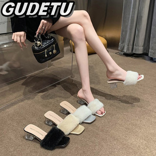 Clemine  Giày Cao Gót Nữ Pha Lê Cao Gót Dép Lông Cừu Chân Vuông Mới Khối Gót Dép Lông Cừu Mềm Mại Và Thoải Mái Giày Cao Gót