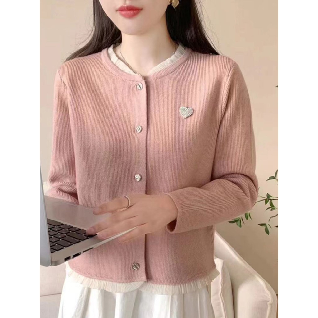 Tình Yêu Nữ Sang Trọng Áo Len Nữ Rời Xuân Thu 2024 Mới Cổ Ren Dệt Kim Cardigan Top