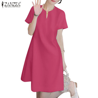 Đầm chữ A dáng rộng cổ chữ V màu trơn ZANZEA dành cho nữ Hàn Quốc