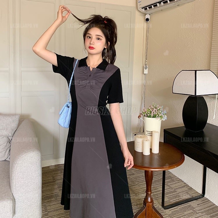 Đầm polo Bigsize Váy nữ dáng dài tay ngắn có cổ chữ a mùa hè Phong cách Hàn Quốc Thời Trang tiểu thư cá tính xinh đẹp cho người mập béo