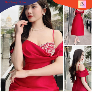 [Dolce Viva Colection (DVC)]  Váy đỏ trễ vai đính đá dự tiệc dáng A dài đầm đỏ tafta dáng dài 2 dây thiết kế V4429