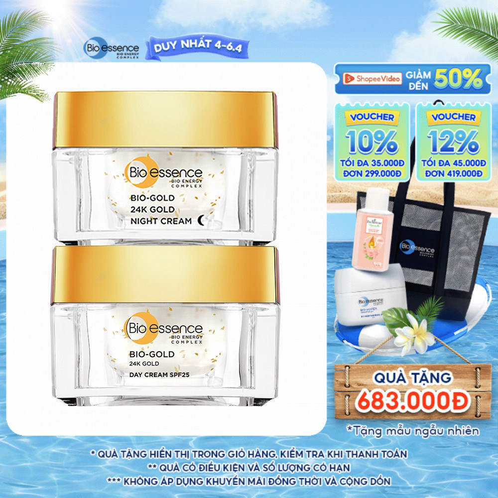 Combo Kem dưỡng ngăn lão hóa ban ngày và ban đêm Bio-essence Bio-Gold 40gx2