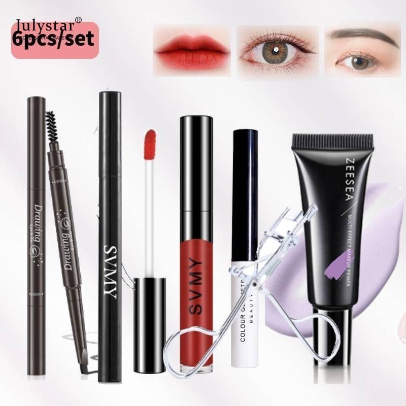 【Bộ trang điểm 6 món 】 Kem lót mặt Kem lót trang điểm Lớp lót cách ly + Vẻ đẹp của học sinh Mascara chống thấm nước lâu trôi + Lông mày không thấm nước + Son môi svmy + Dụng cụ uốn mi JULYSTAR