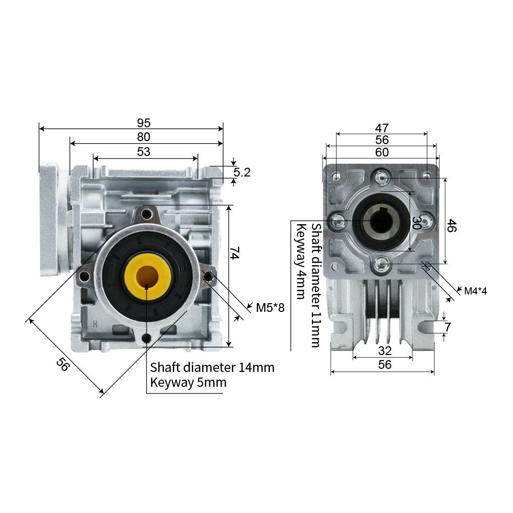 Bộ giảm tốc bánh răng trục vít NMRV030 hộp số 11mm Đầu ra 14mm Tỷ số truyền 5:1 đến 80:1 động cơ AC 