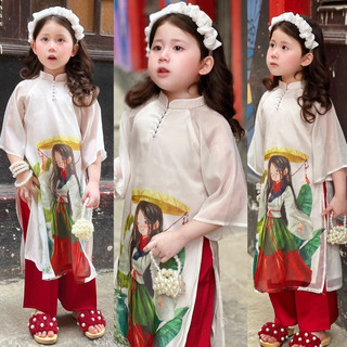 Set bộ áo dài cách tân hình ép 3D áo tứ thân nón quai thao cho bé gái