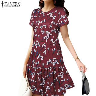 Zanzea Nữ Hàn Quốc Cổ Ruffle Hem Tay Ngắn In Hoa Váy