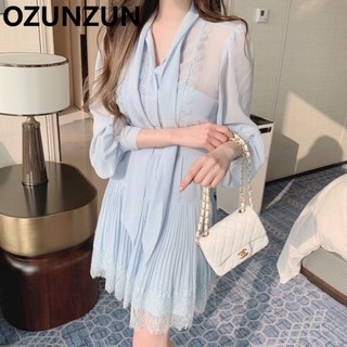 Ozunzun Sang Trọng Dây Ren Chắp Vá Đèn Lồng Tay Áo Eo Lên Đầm 5595