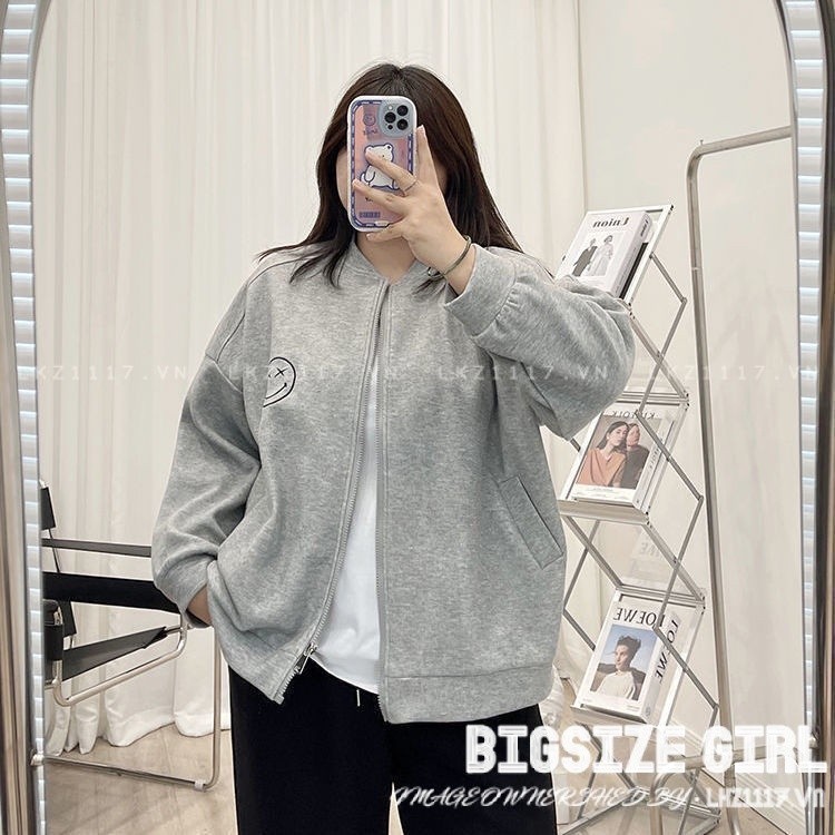 Áo nỉ khoác Bigsize Áo cardigan nữ dáng suông tay dài cổ đứng thiết kế khoá kéo mùa thu Phong cách Hàn Quốc Thời Trang cá tính xinh đẹp cho người mập béo nữ