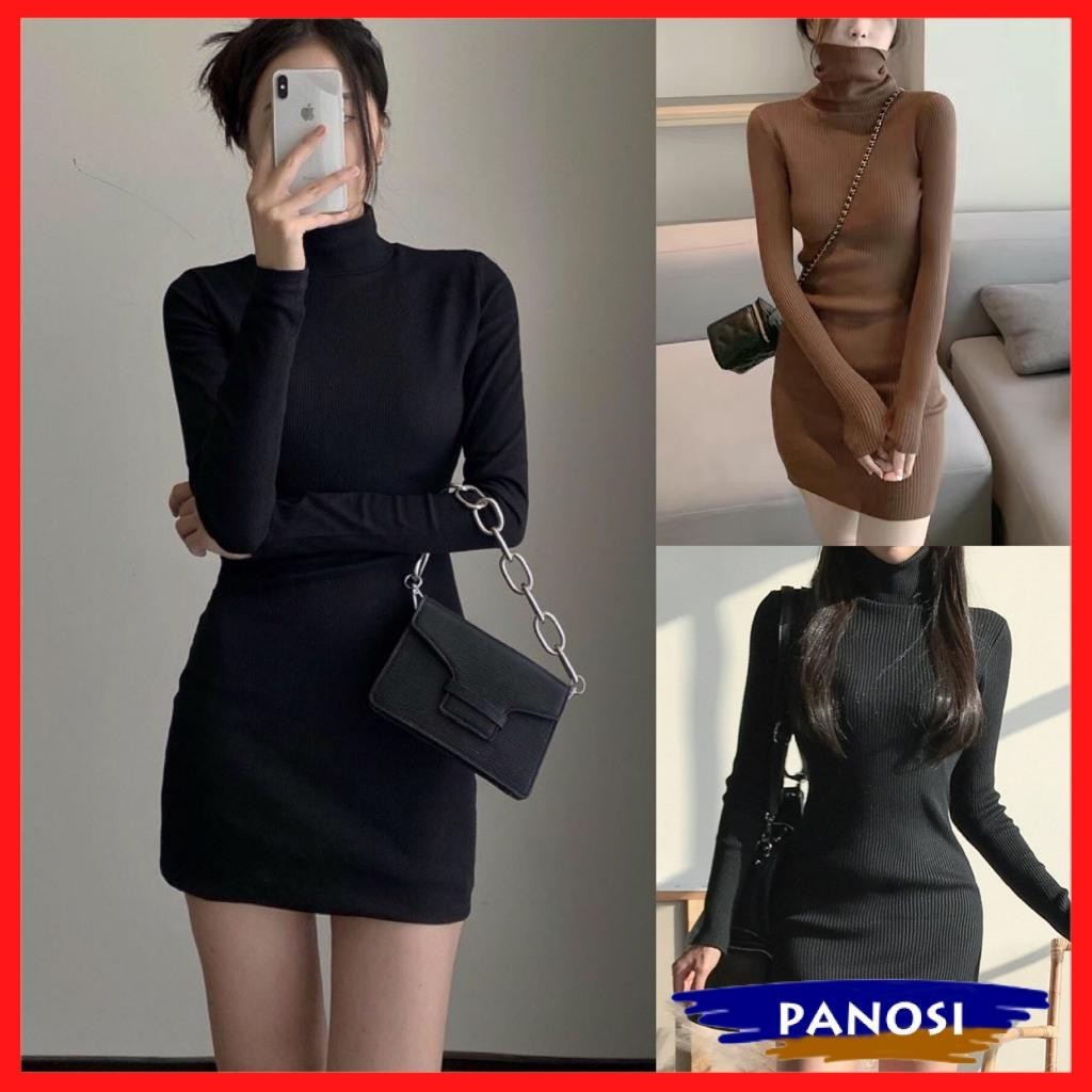  Váy body cổ lọ dài tay đầm ôm body vải thun len tăm co giãn váy len nữ dáng ôm sexy cổ cao ấm áp V891 PANOSI 