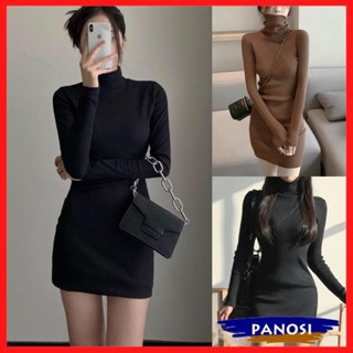 Váy body cổ lọ dài tay đầm ôm body vải thun len tăm co giãn váy len nữ dáng ôm sexy cổ cao ấm áp V891 PANOSI