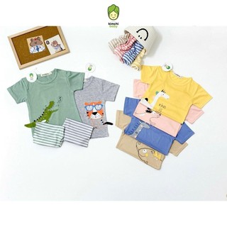 Đồ Bộ Bé Trai, Bé Gái KIMCHIBABY Vải Thun Lạnh Họa Tiết Cá Sấu 3D Quần Kẻ, Bộ Cộc Tay Cho Bé Mặc Nhà KW309