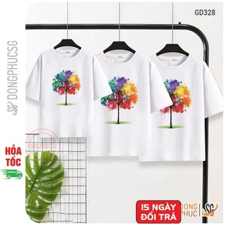Áo đồng phục gia đình 3/4/5 người mẫu Cây Bông thun cotton dày dặn màu trắng GD328T | DONGPHUCSG