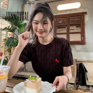 Áo thun nữ JUNNOVGAL Phong cách mới tay ngắn Slim Fit Tất cả các trận đấu dệt kim màu trơn
